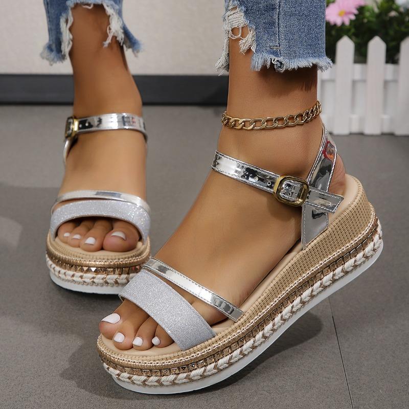 Spring and summer new rivet glossy wedge sandals women's one-word with buckle muffin thick-soled large-size women's sandals