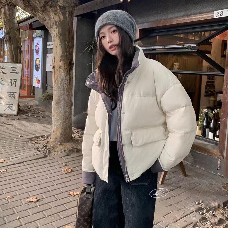 Contrasting color stand-up collar down jacket 2024 winter new loose fashion dopamine thickened warm bread jacket