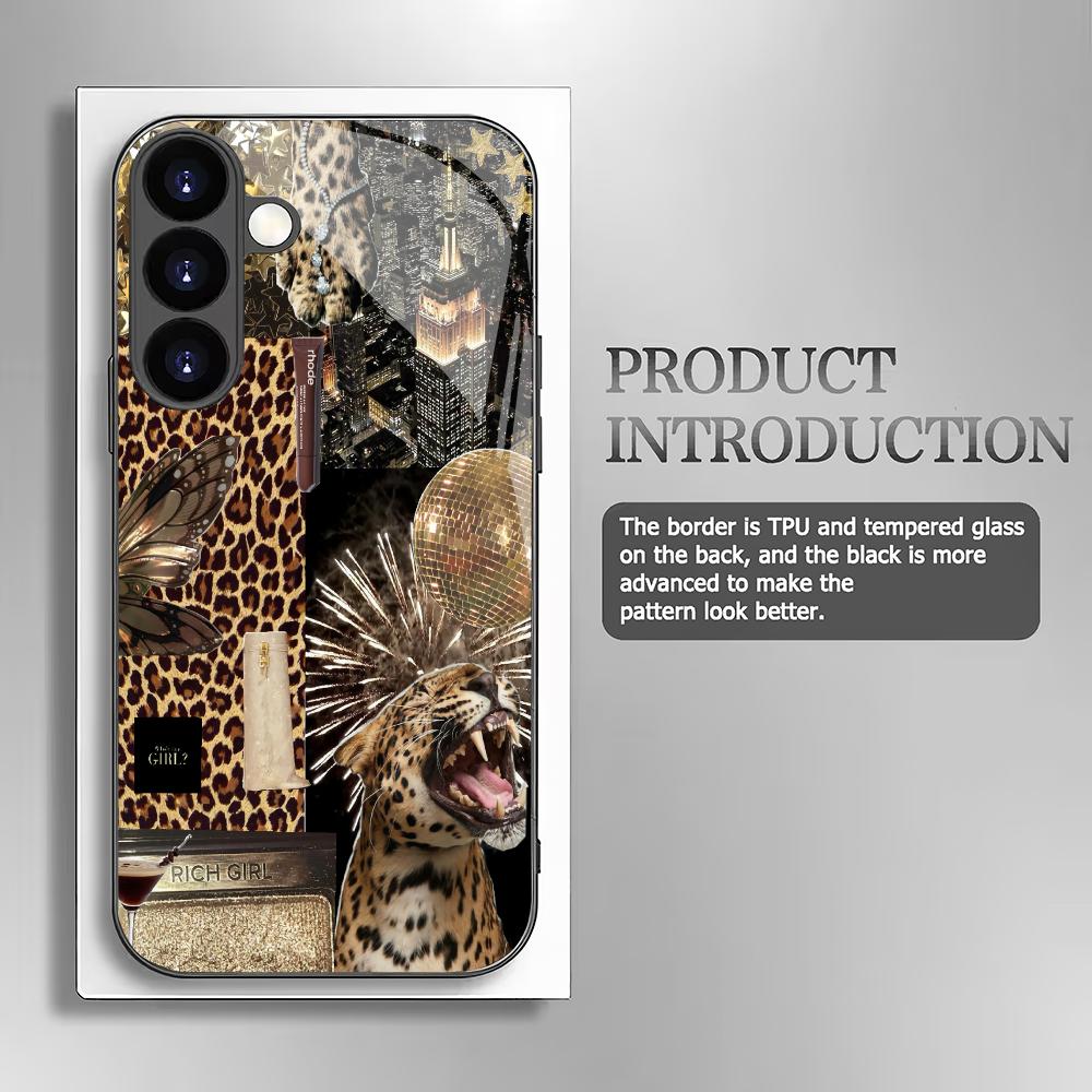 Leopard Print Design Tempered Glass Phone Case Suitable for Samsung Galaxy S26 S25 S24 S23 S22 S21 S20 FE/Ultra/Plus Anti Drop