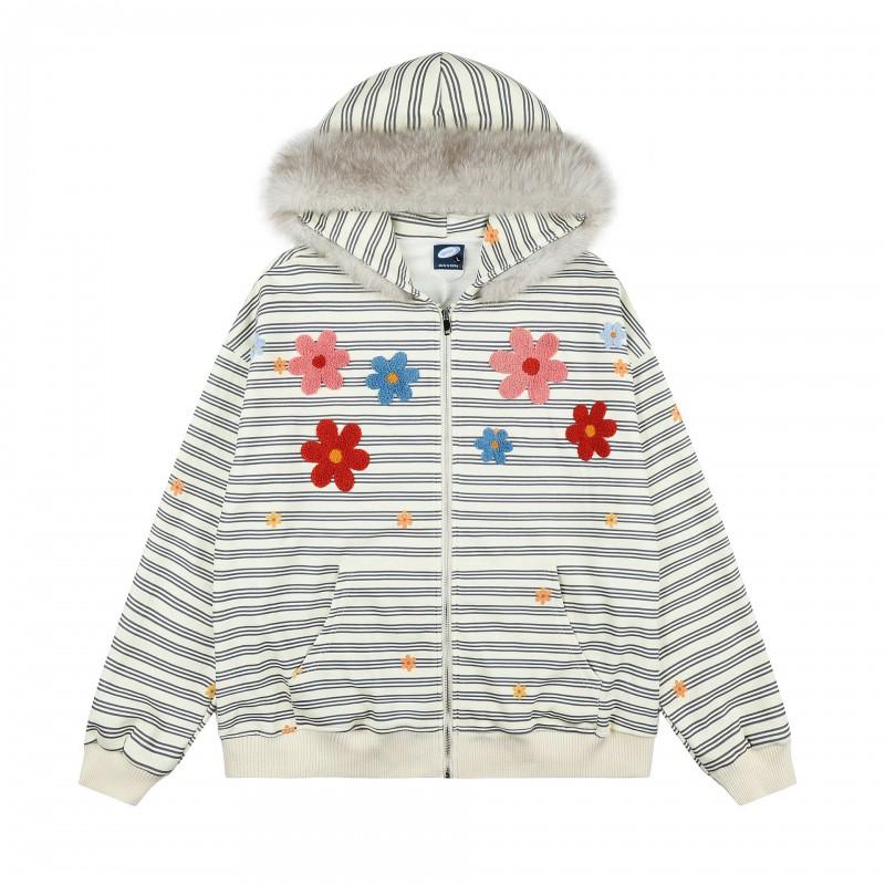 Unisex Vintage Floral Stripe Hooded Zip-Up Sweatshirt