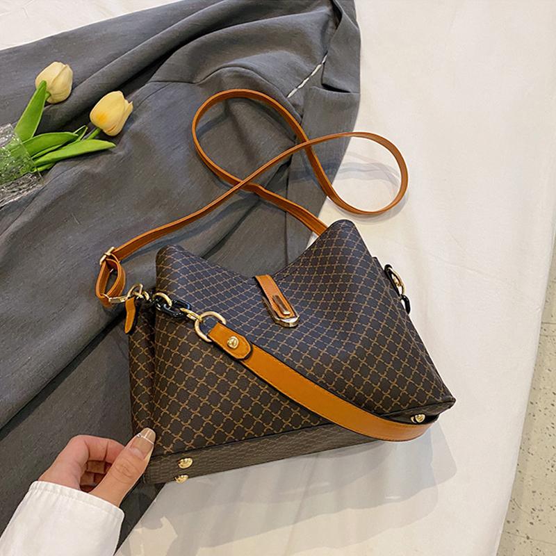 

Женская сумка, популярная сумка через плечо из искусственной кожи, женская сумка через плечо, большая вместимость, напечатанные сумки-ведра 26x12x19cm кофейный/коричневый