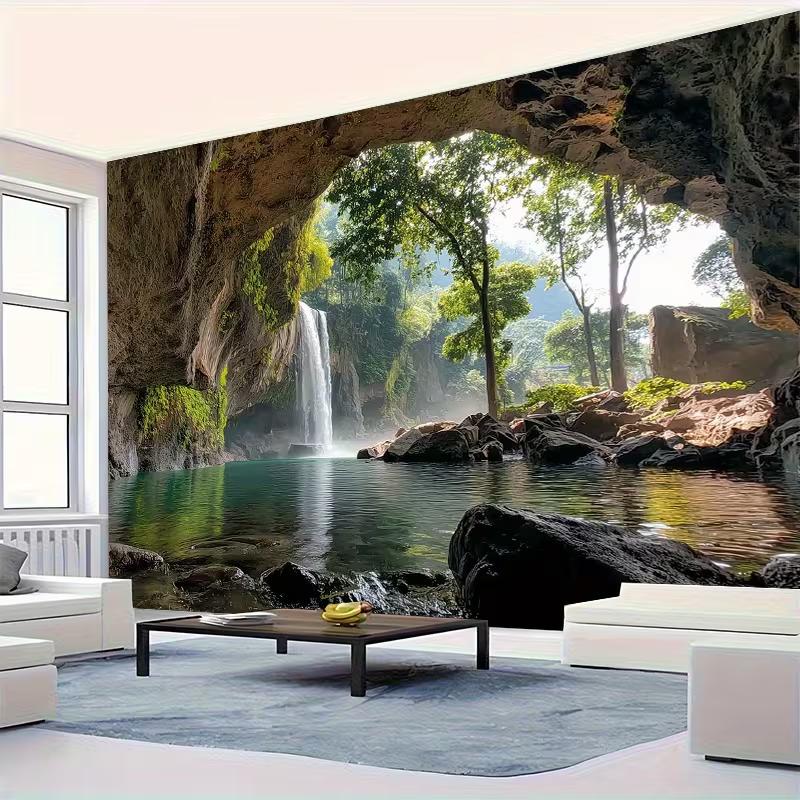 2D Natural Arch Waterfall Tapestry Forest Lake Backdrop Cloth for Living Room