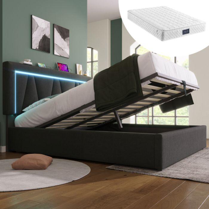 Lit LED Rembourré Avec USB Type C Et Éclairage LED, Cadre De Lit En Lin Avec Sommier À Lattes (avec Matelas) 140x200