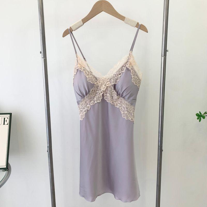 

Sexy Lace Nightdress with Chest Pad Pure Desire Style Home Wear Silk Skirt Summer Artificial Silk Purple Suspender Skirt Purple 170(XL)