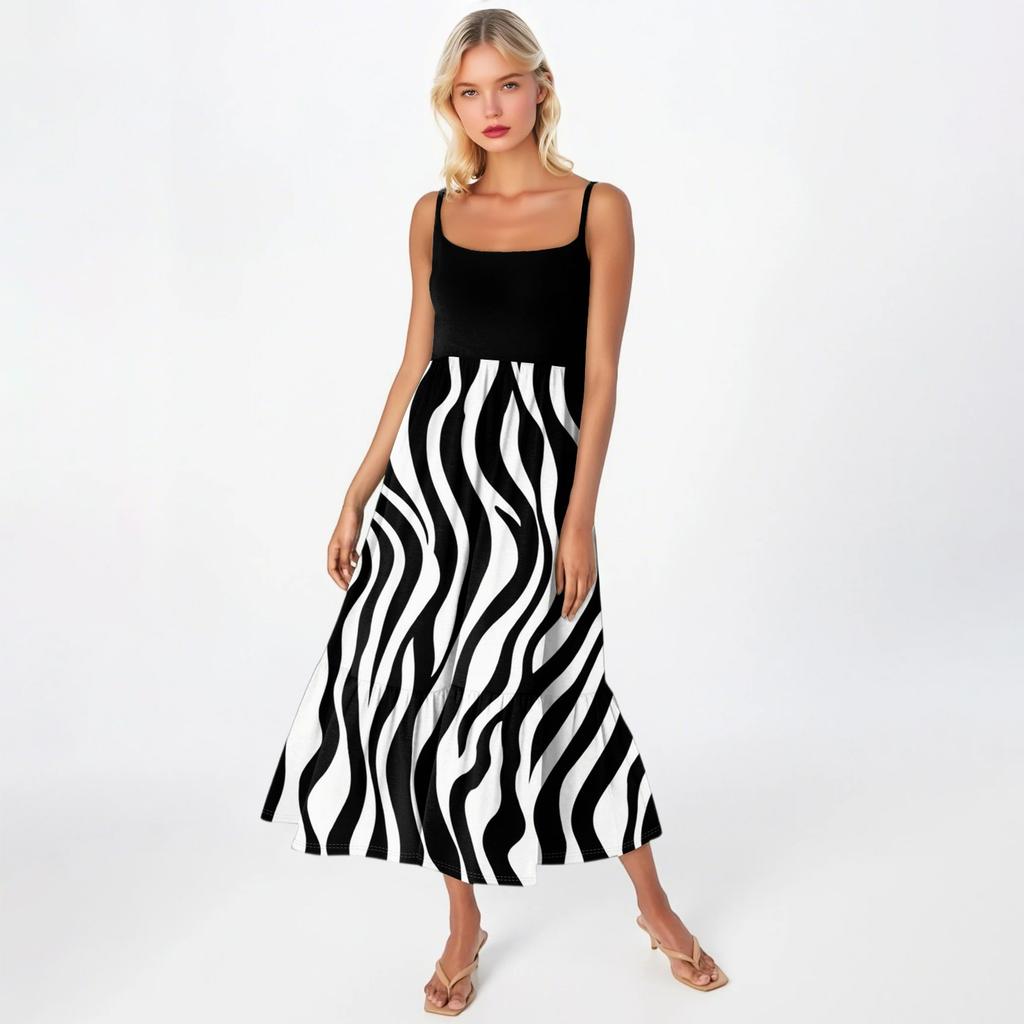 Women's Long Beach Casual Elegant Spaghetti Strap Maxi Dress Striped Low-key Flowing Bohemian Dress