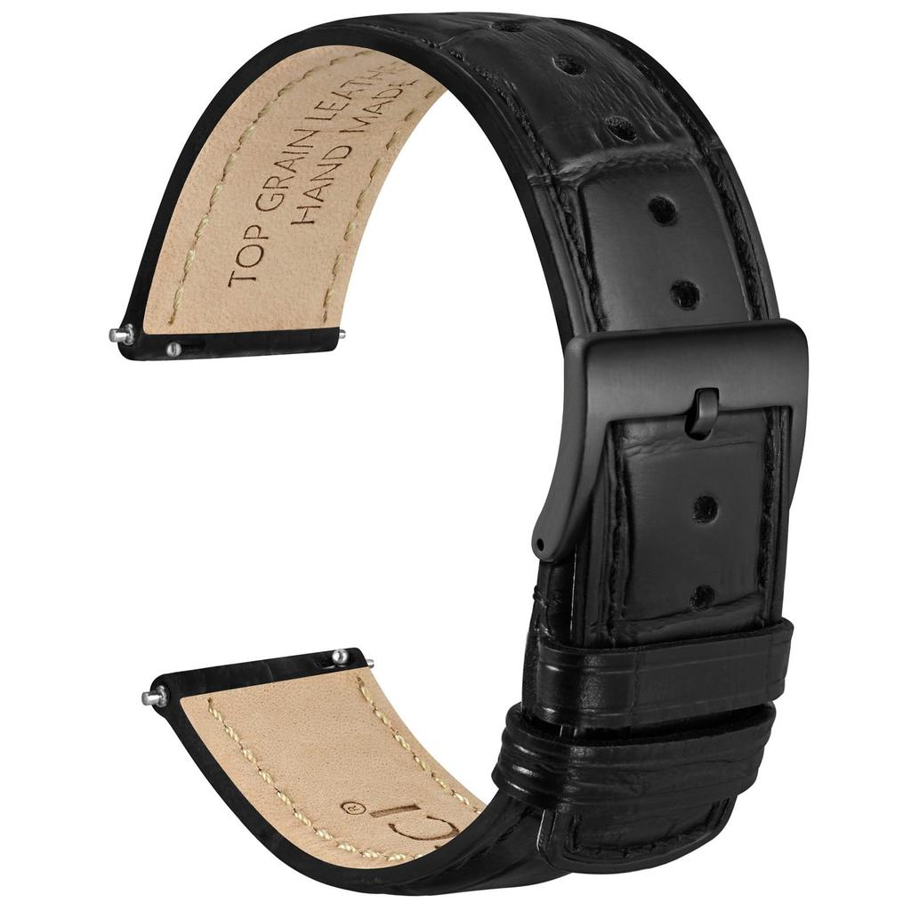 WOCCI 20mm Genuine Leather Watch Top Grain Leather Replacement Quick Release Buckle Crocodile-Embossed Band, Strap, Black/Black