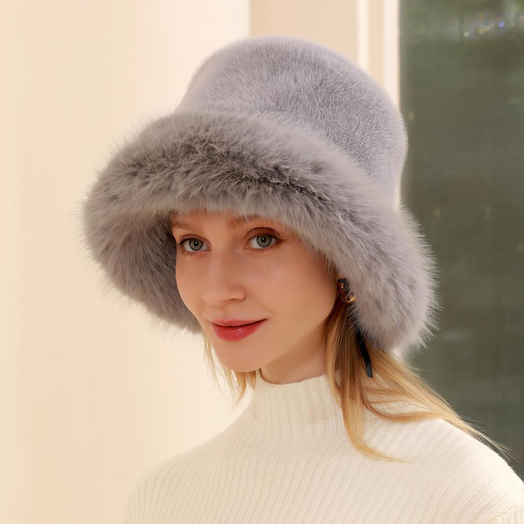 Women Head Accessories Thick Warm Faux Fox Fur Bucket Winter Hat Set Cap