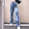 Womens High-Waisted Straight Leg Denim Jeans Loose Fit Printed Casual Streetwear Pant