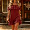 Women's Casual Off Shoulder Short Sleeve Dress Ruffled Neckline and Hemline Summer Lightweight Flowy Mini Dress for Everyday Wear