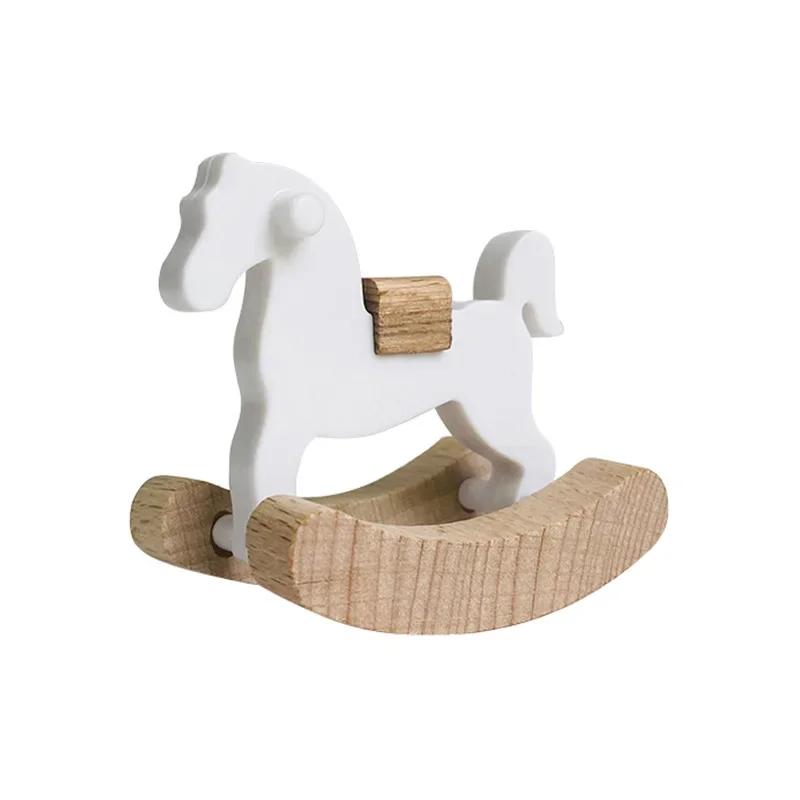 Mini Wooden Horse Toy Model Doll Decorative Accessories Simple Small Wooden Horse Rocking Horse Dollhouse Ornaments Home Decor