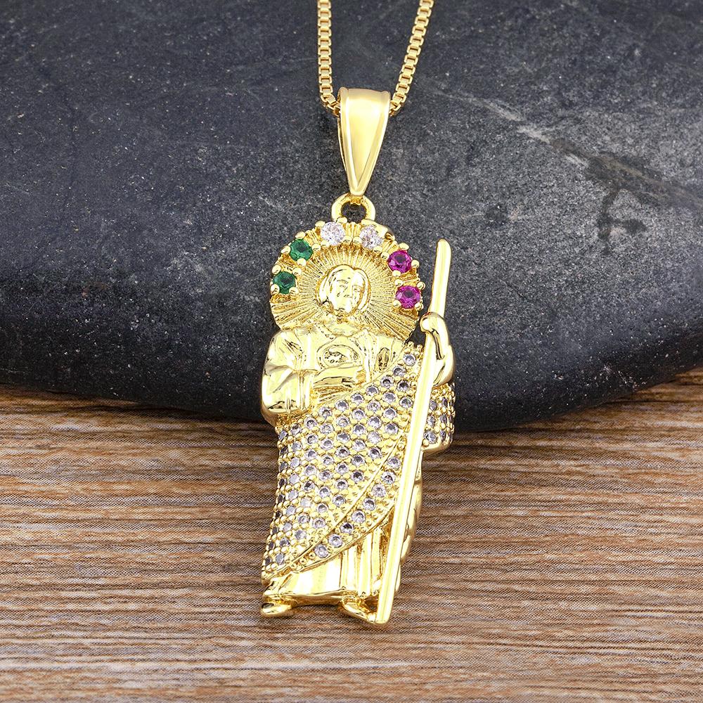 

Nidin High Quality Jude Thaddeus Inlaid Rainbow Zircon Pendant Gold Plated Necklace Unisex Retro Religious Gifts Wholesale