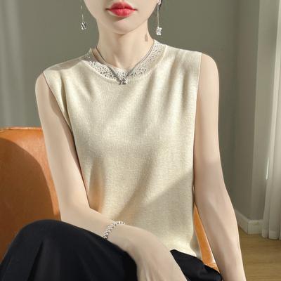 Fashion Casual Wool Vest for Women's Spring and Summer Sleeveless Top with Suspender, Round Neck, Diamond Studded, and Bottom Knit Sweater