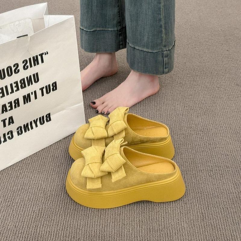Fashion 2025 New Round Head Waterproof Table Slipper Women's Fashion Wrap Head Deep Mouth Flannelette Butterfly Knot Non-slip Flat Shoes