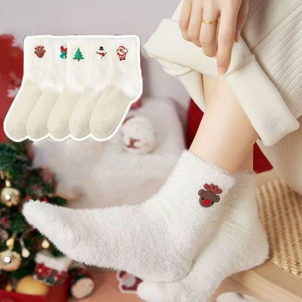 Winter Warm Christmas Pattern Socks Mink Velvet Xmas Tree Snowman Elk Socks