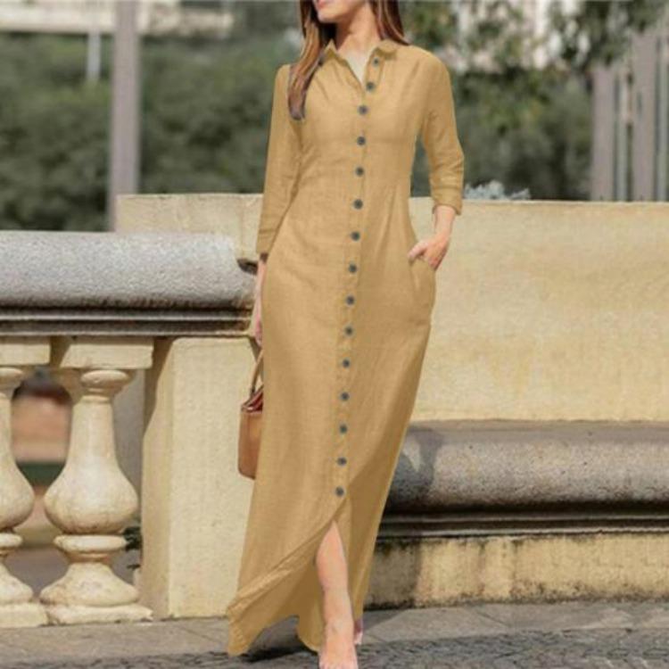 Spring Summer Women Dress Pure Color V Neck Loose Long Sleeves Lapel Split Hem Casual Ankle Length Soft Breathable Side Pockets Single-breasted