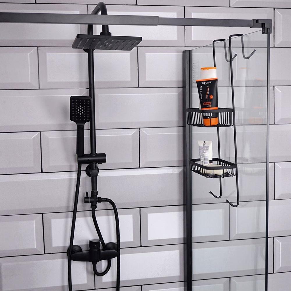 Bathroom Shelf Hanging on the Glass of a Shower Cabin for Cosmetics
