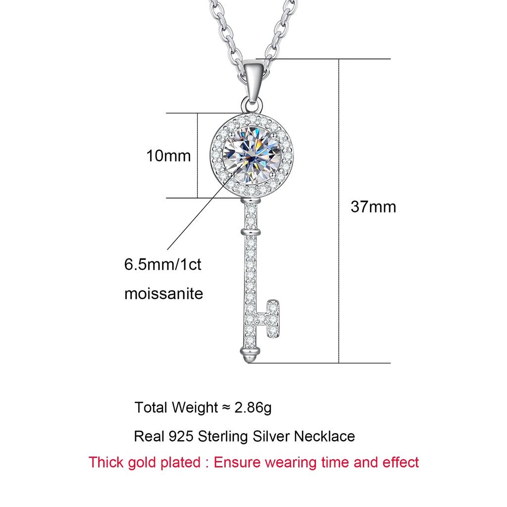 New 1ct D Color Moissanite Diamond Key Pendant Necklace 925 Sterling Silver Necklace For Women