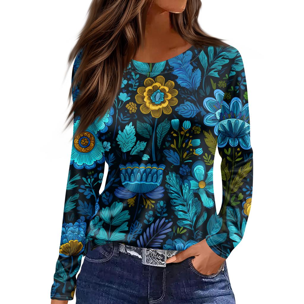 Women's Fashion Hem Slit Casual Retro Floral Print Round Neck Long Sleeve Top
