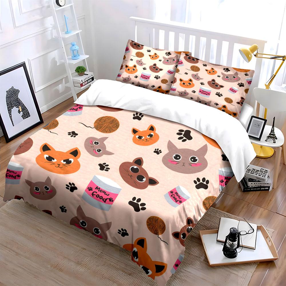 Cute Cat Faces and Paw Prints Bedding Duvet Cover Set (1*Duvet Cover 2*Pillowcases, Without Duvet Insert)