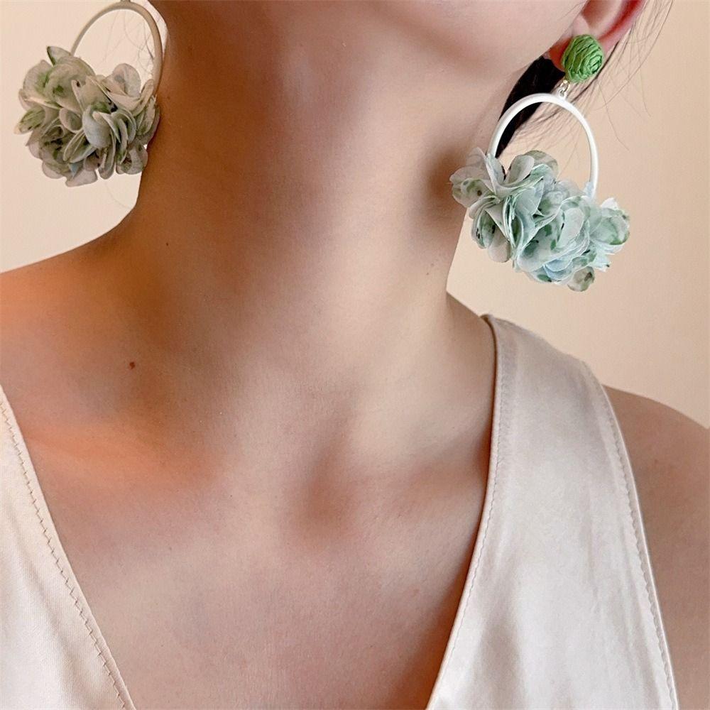 Sweet Fabric Flower Eardrop Round Hollow Exaggerated Earrings Elegant Drop Earrings  Women