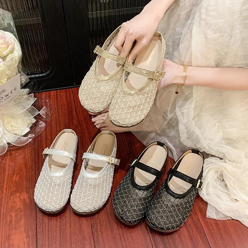 Fashion Women's Flat Slippers 2025 Summer Sandals Luxury Ballet Flats Mesh Mary Jane Shoes Ladies Summer Loafers Fashion Half Slippers