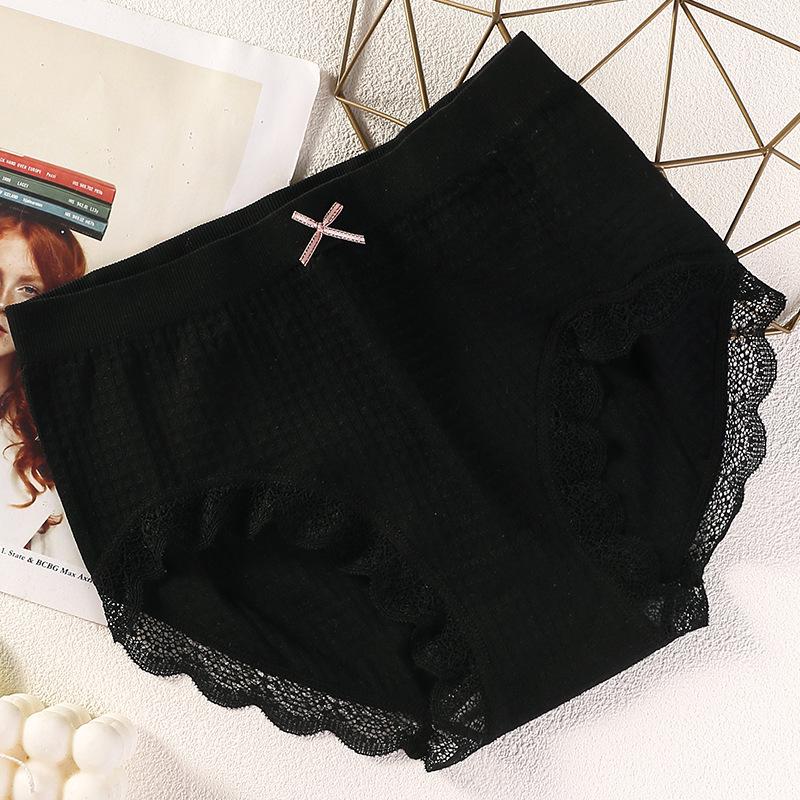 Women's Plaid Lace Edge Seamless Waffle Underwear with Graphene Crotch and Bowknot