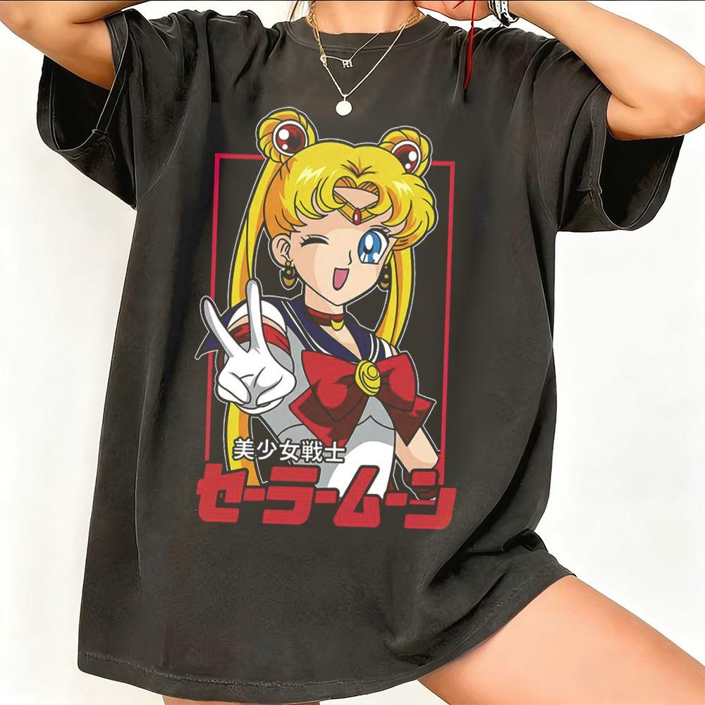 Camiseta Gráfica de Anime Sailor Moon Retro de los 90 Verano Algodón Unisex para Mujer Ropa Urbana Tendencia Casual Manga Corta Camiseta para Pareja Hip Hop
