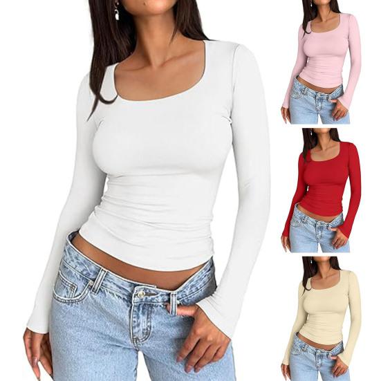 Γυναικεία Μπλούζες Βάσης Στρογγυλή Λαιμόκοψη Μακρυμάνικες Εφαρμοστή Γραμμή Πουλόβερ Μπλούζες Μονόχρωμες Υψηλής Ελαστικότητας Κανονική Εφαρμογή Ευέλικτη Μπλούζα