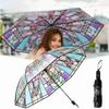 Hand-Painted Design Transparent Umbrella Stained Glass Print Automatic Umbrella  Rain Protection