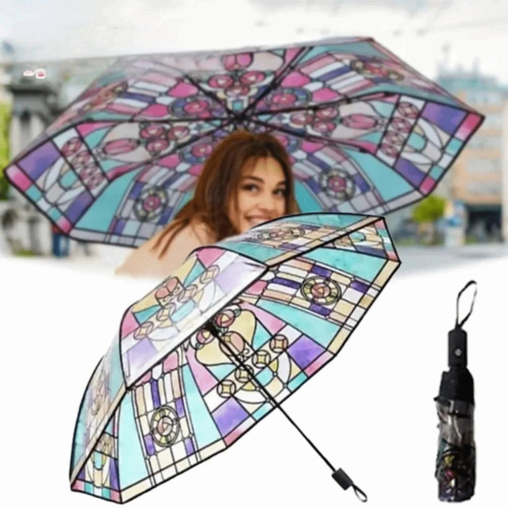 Hand-Painted Design Transparent Umbrella Stained Glass Print Automatic Umbrella Rain Protection
