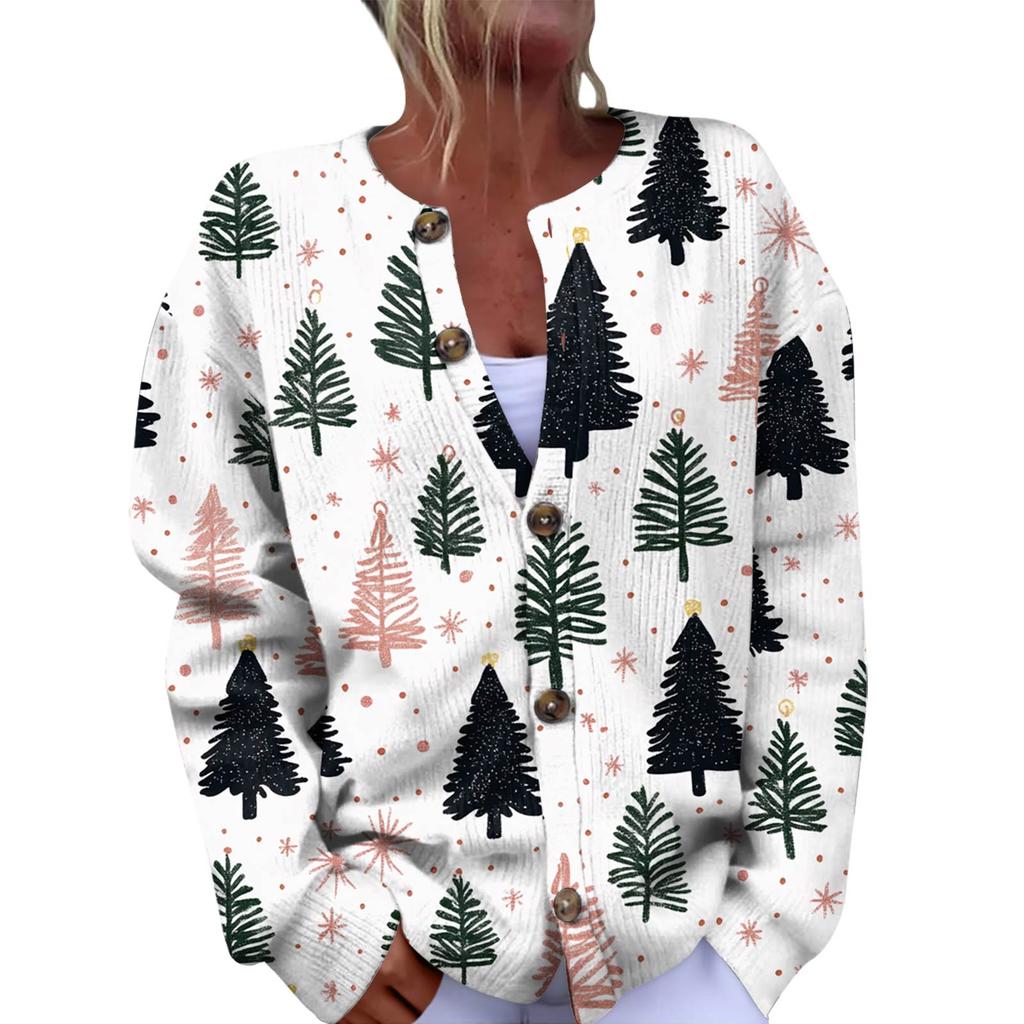 Women's Fashion Christmas Printed Long Sleeve Knitted Cardigan Button Down Jacket