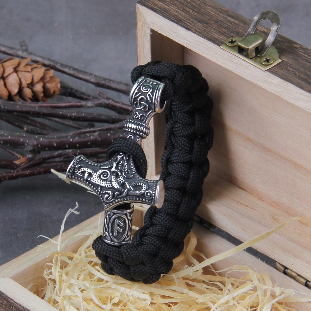 Stainless Steel Viking Mjolnir Leather Bracelet Thor Hammer Wristband Norse Mythology Runes Jewelry Gift With Wooden Box