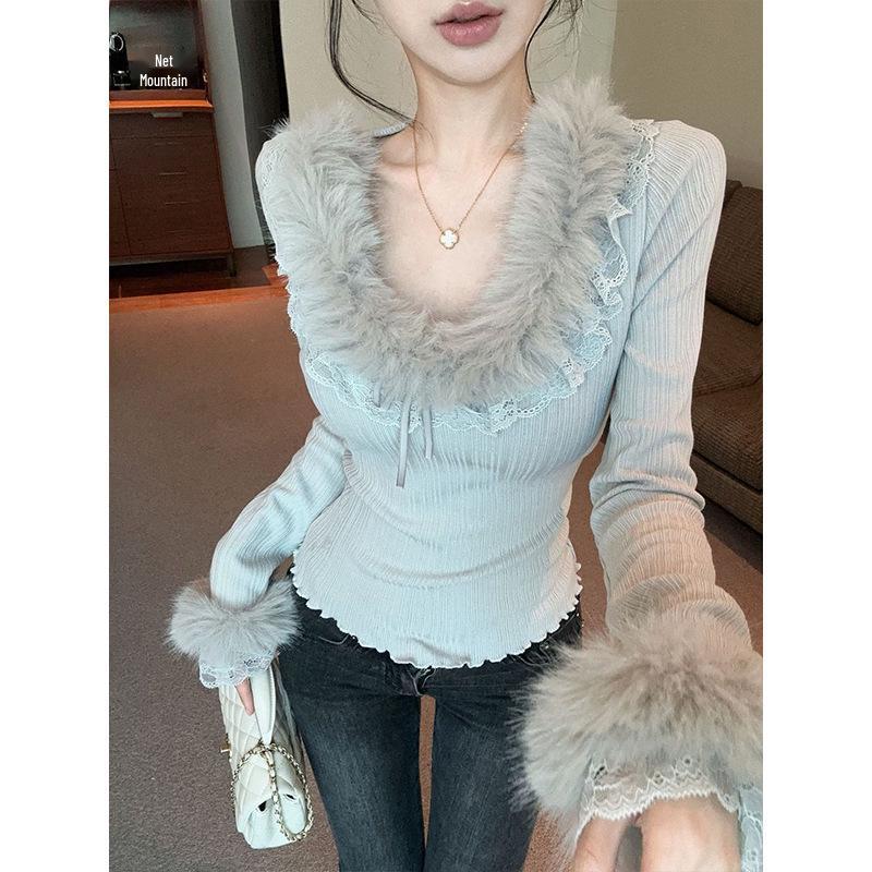 Slim-Fit Women's Top: Niche Solid Color, Fur Collar, Lace Splicing, Autumn/Winter New Arrival.