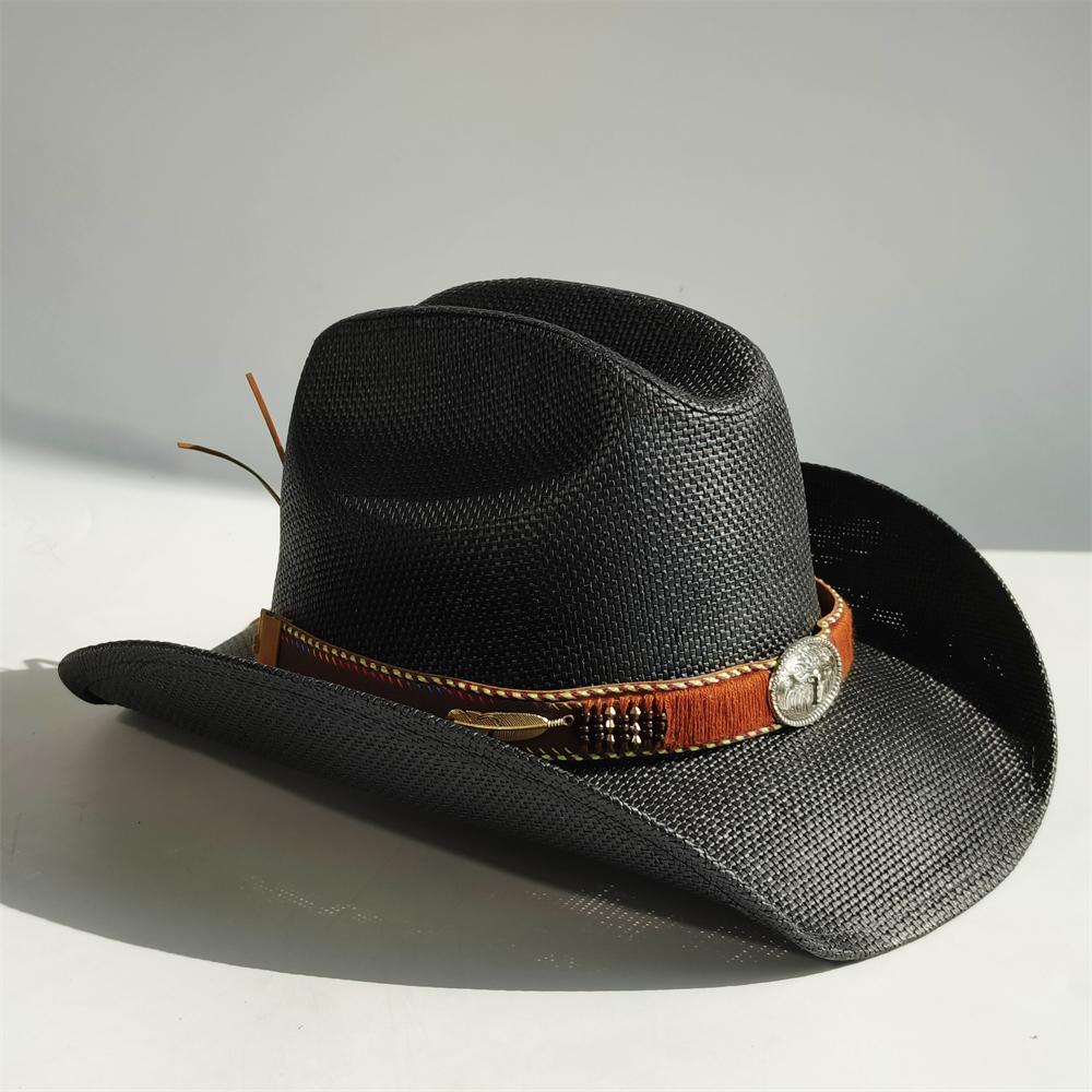 western Straw Cowboy hat women Pasture straw hat with Turquoise Bolo Tie rope cowgirl straw hat summer Sun hat sombrero vaquero 56-58