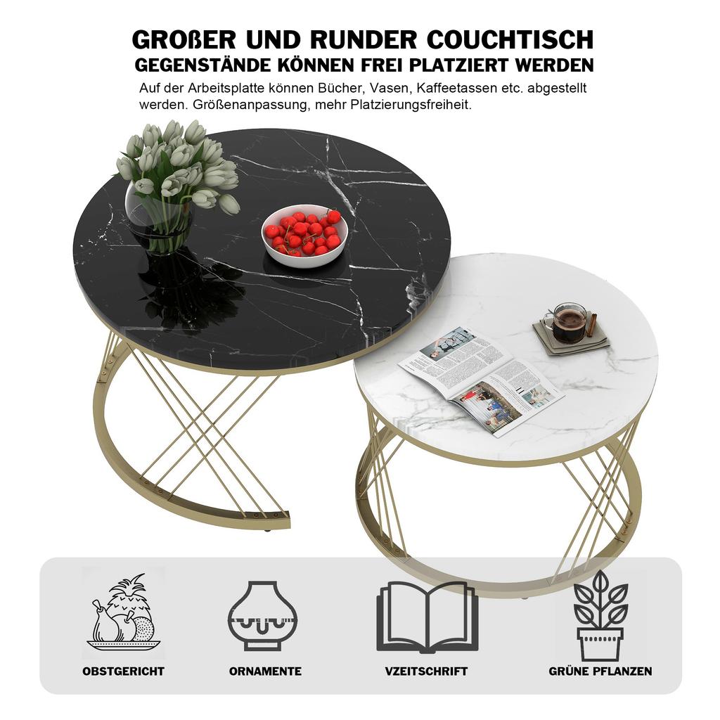 WF300416BAA) Moderner Kaffee-Beistelltisch, Kaffee-Tisch-Set Marmorfurnier Sofaseiten-Tischset Runde Beistelltische, Set mit 2 Stück, Goldfarbener Rahmen