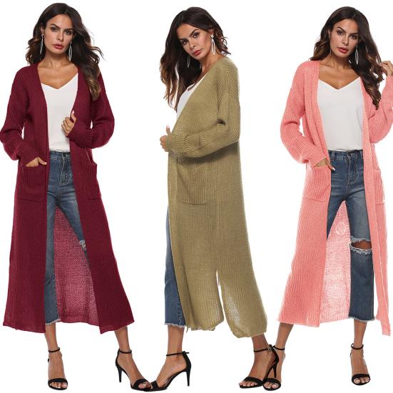 Lässiger Damen Herbst Winter Einfarbig Langarm Schlitztaschen Warmer Cardigan