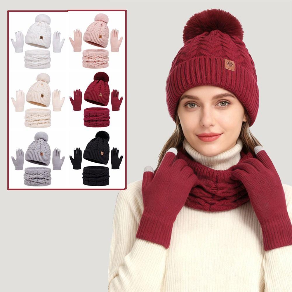 Thickened Women Hat Scarf Gloves Set Solid Color Winter Knit Gloves Set Pompom Beanies Hat  Outdoor
