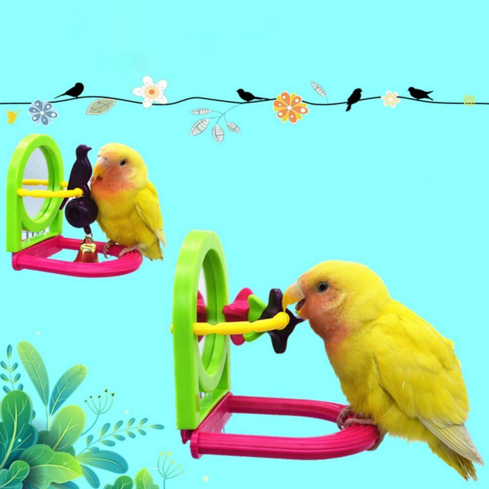 Random Color Parrot Bell Toy with Mirror Hanging Removable Bird Cage Mirror with Bell Plastic Parrot Basketball Toy Canary