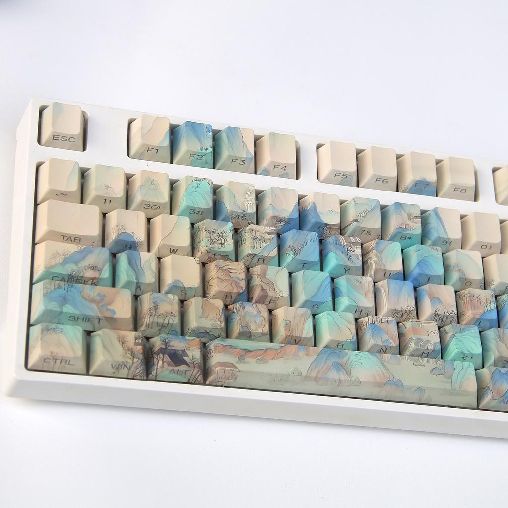Qianli Jiangshan Keycaps Chinese Style Ancient Oil Painting Style Keycaps Side Engraved Translucent Original Pbt Keycaps 120Keys