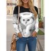 Contrast Color Classic Black White Cat Print T Shirt Women Cute Fashion Long Sleeve Tops Oversized Casual Streetwear Loose Shirt