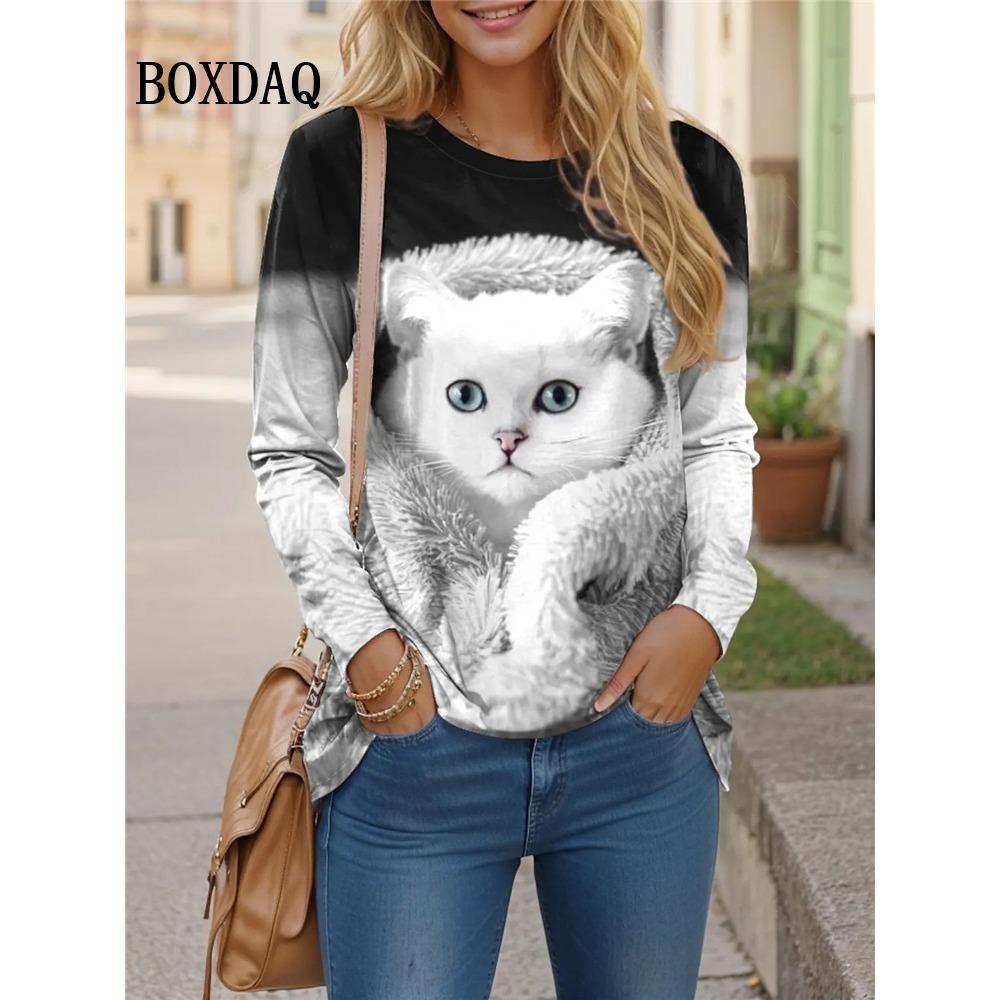 Contrast Color Classic Black White Cat Print T Shirt Women Cute Fashion Long Sleeve Tops Oversized Casual Streetwear Loose Shirt