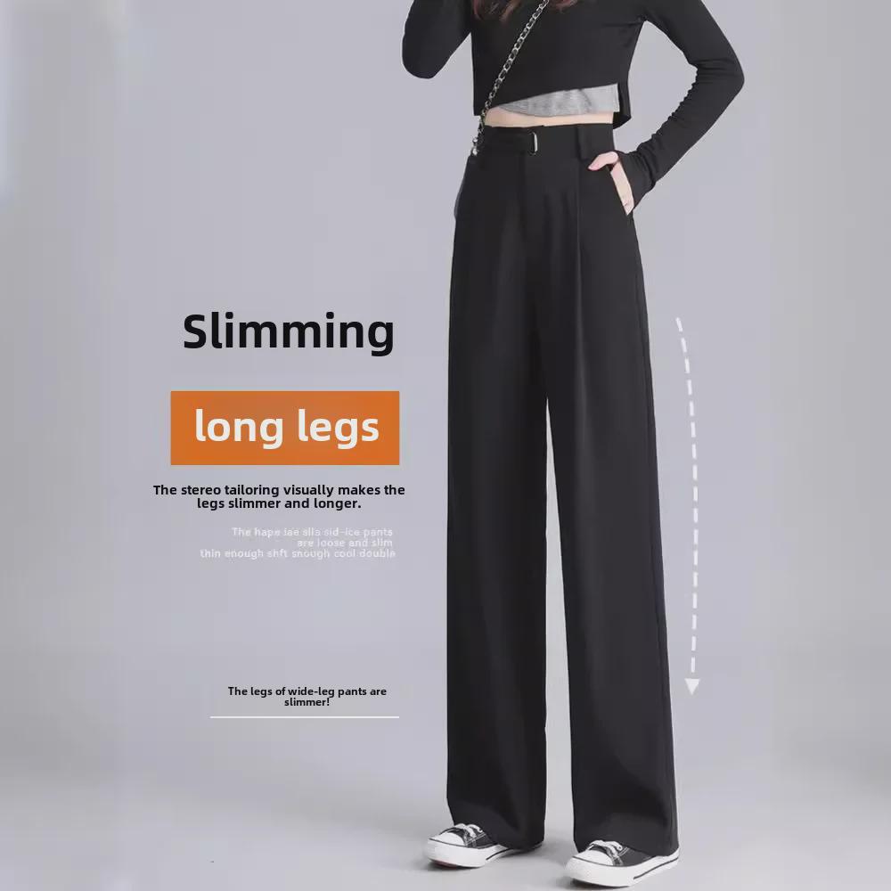 Women's Black Wide Leg Pear-Shaped Suit Trousers with Iron Ring Design - Spring & Autumn Casual Wear