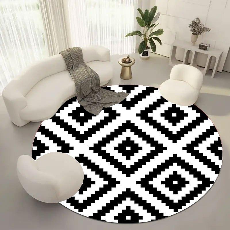 Geometric black and white patterns Flannel-printed round floor mats are slip-resistant Suitable for room terrace garden carpets
