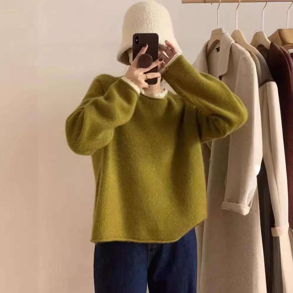 Autumn and Winter Loose Soft Lace Edge Knitted Sweater Top Round Neck Hooded Sweater for Women
