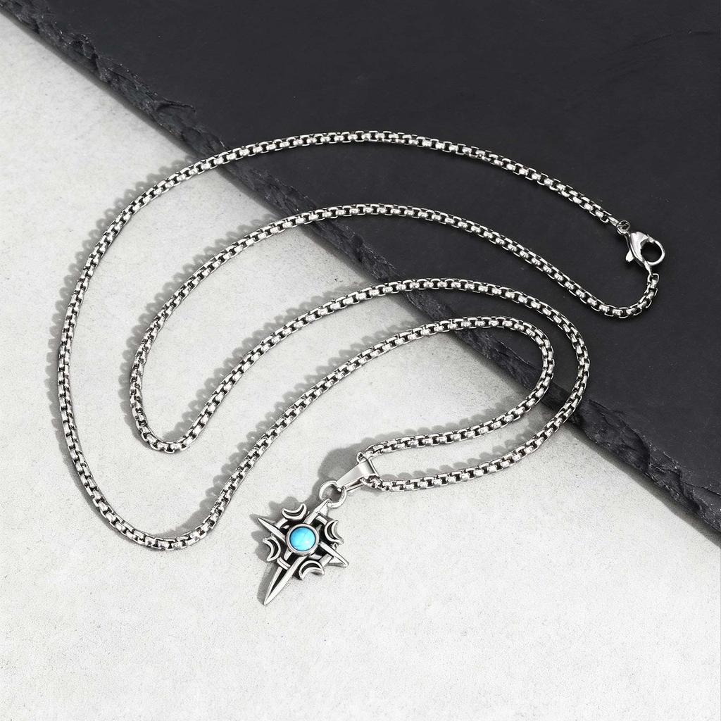 Stainless Steel Pendant Necklace For Men And Women, Punk Rock Street Style, Pretty Unique Turquoise Inlay Necklace