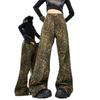 American retro leopard print wide-leg jeans women's spring and autumn spice high street loose straight pants casual floor-mopping trousers
