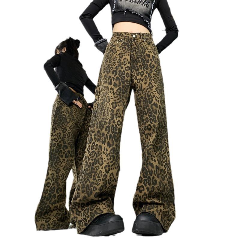 American retro leopard print wide-leg jeans women's spring and autumn spice high street loose straight pants casual floor-mopping trousers
