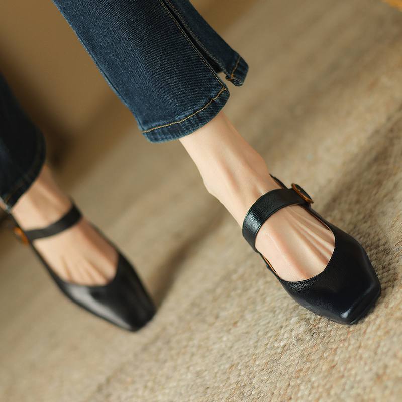 Krazing Pot Sheep Skin Square Toe Chunky High Heels Spring Summer Mary Janes Shoes Vintage Plus Size 42 Women Pumps