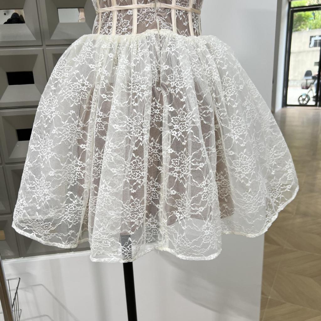 Sweet & Spicy Lace Waist-Cinched Puffy Strap Mini Dress for Parties - Autumn/Summer