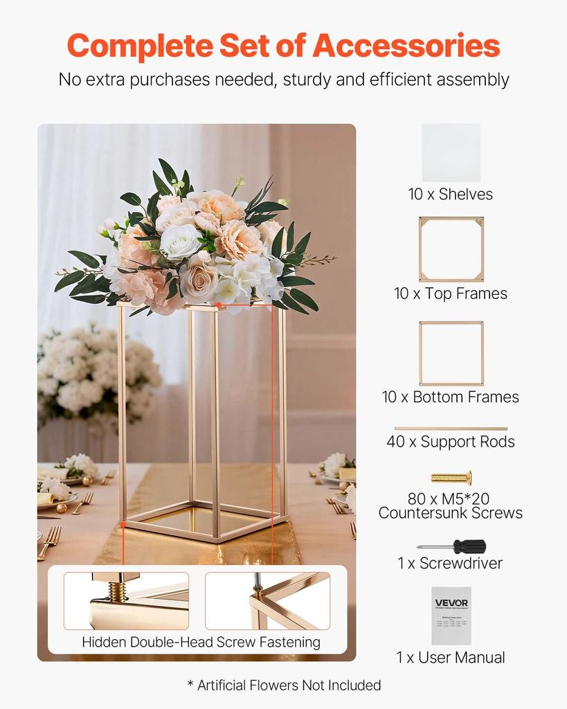 Wedding Flower Stand, 10PCS 40cm Column Flower Stand, Floral Stands with Acrylic Laminate, Gold Rectangular Floral Display Rack for Wedding, Party,